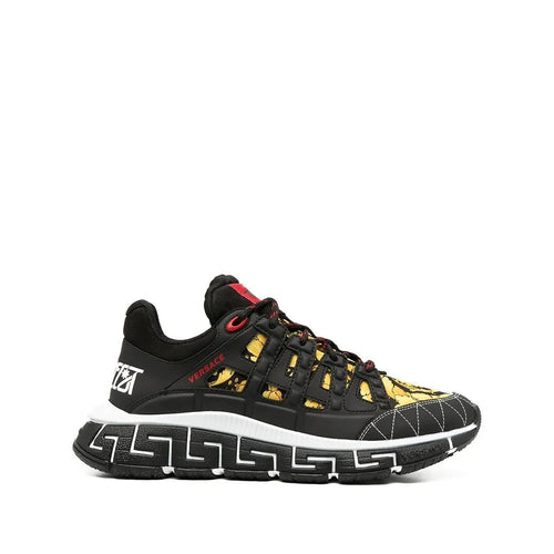 Versace Leather Trigreca Lace Up Sneakers - Black/Yellow/Red