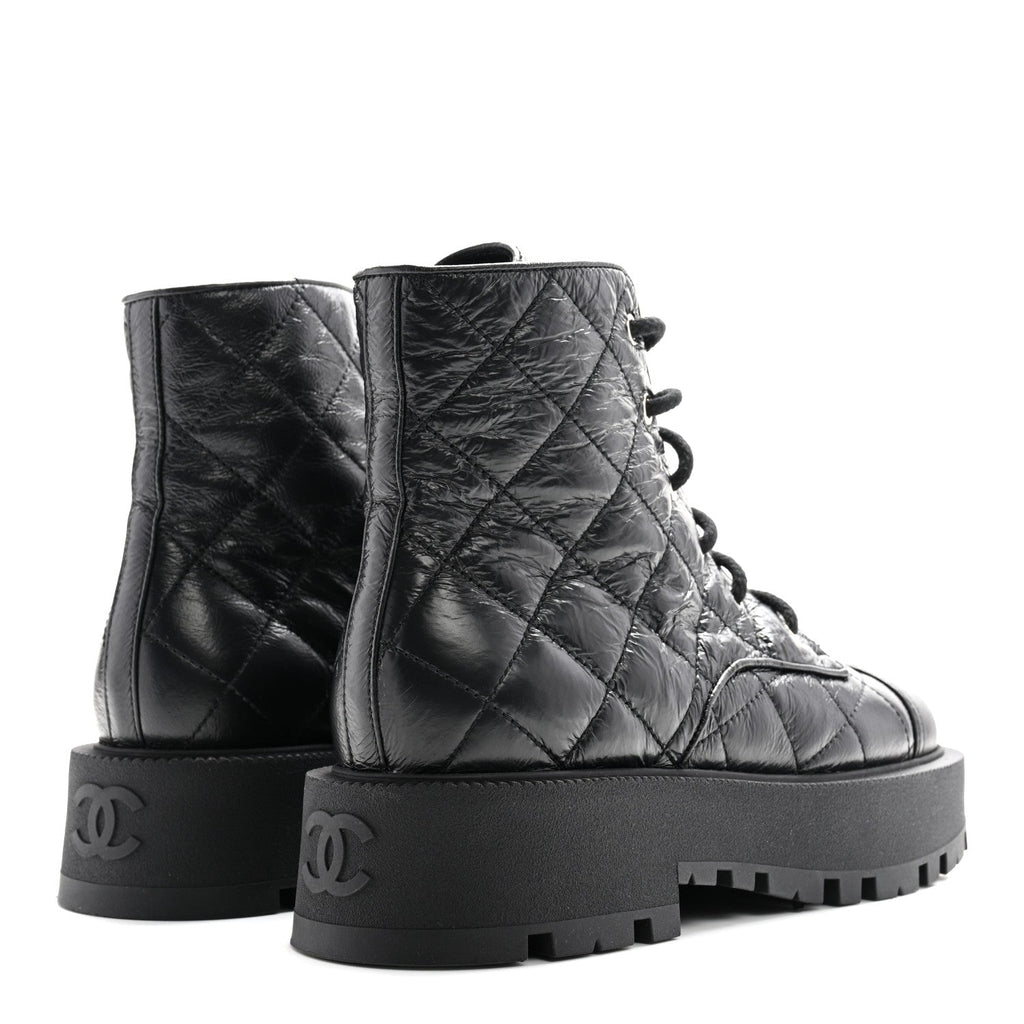 CRUMPLED LAMBSKIN QUILTED PLATFORM LACE UP COMBAT BOOTS BLACK