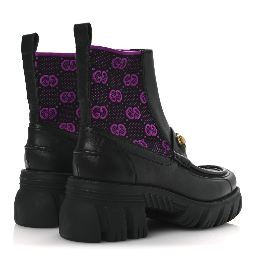 QUEBEC CALFSKIN TECHNICAL JERSEY KNIT GG MONOGRAM HORSEBIT ANKLE BOOTS BLACK FUCSIA