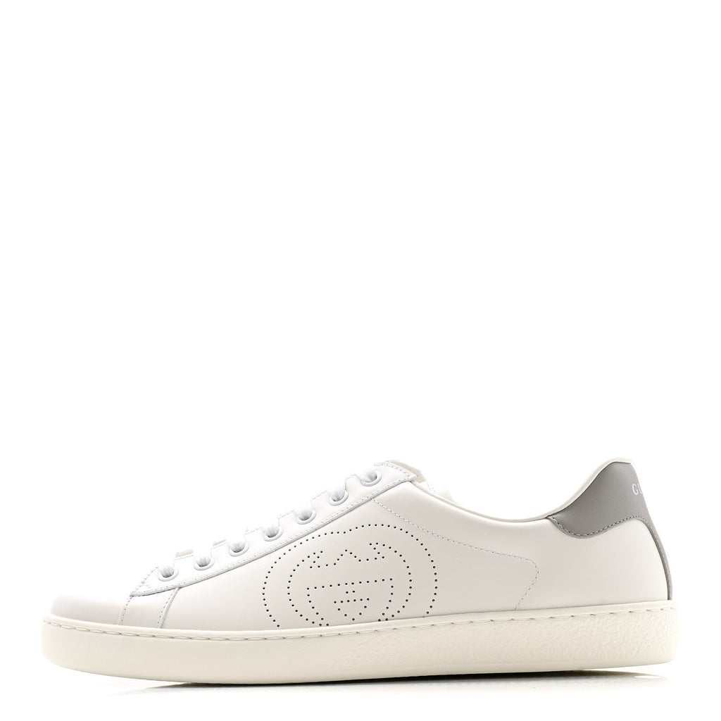 CALFSKIN INTERLOCKING G PERFORATED MENS ACE SNEAKERS WHITE GREY SKY