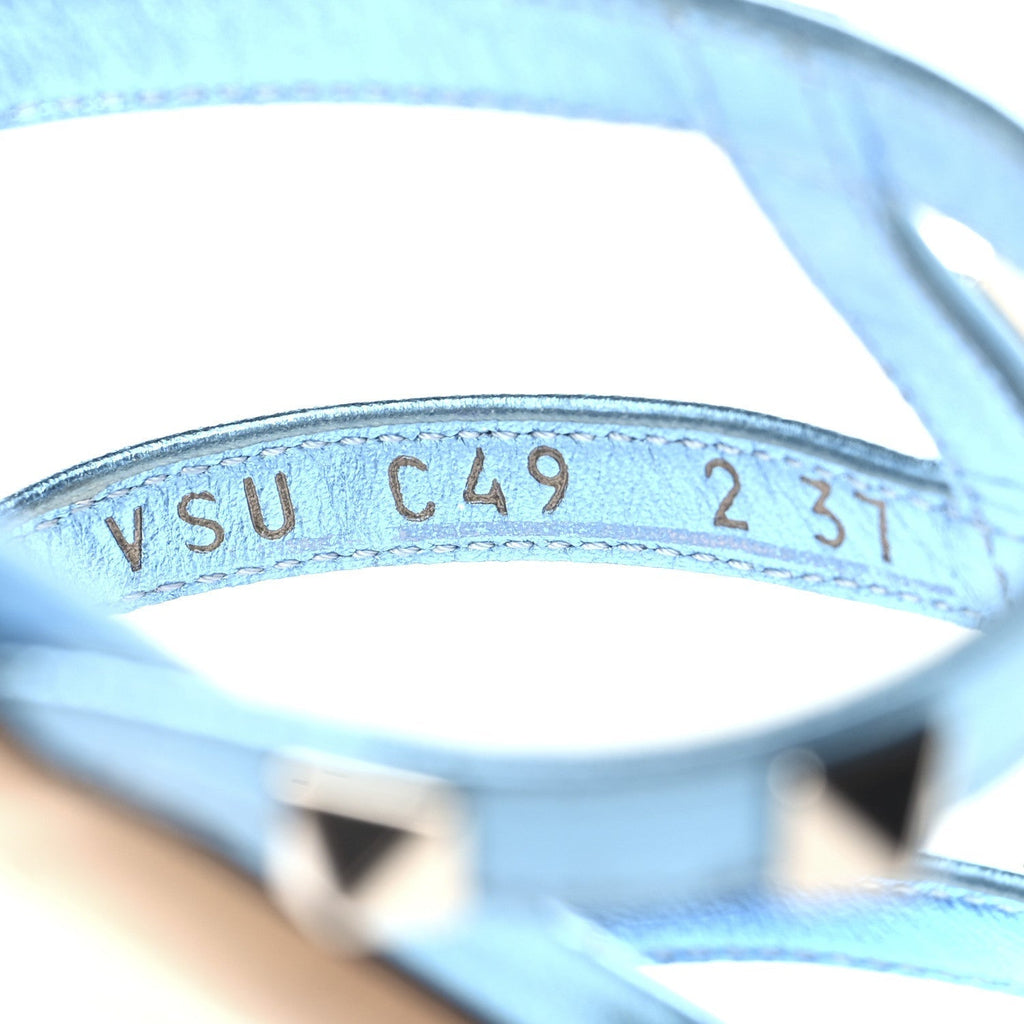 METALLIC NAPPA ROCKSTUD CAGED FLAT SLIDE SANDALS CERULEAN