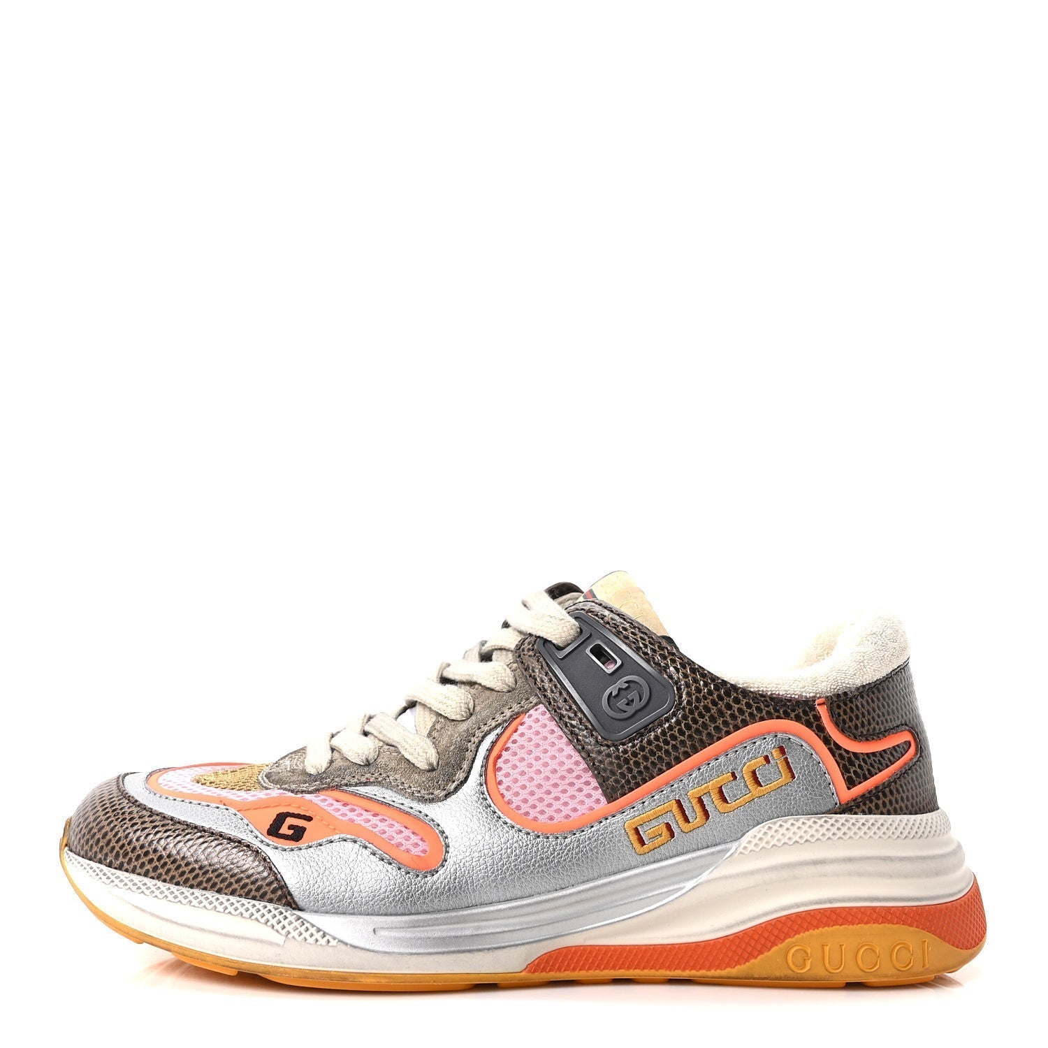 CALFSKIN SUEDE MESH LIZARD EMBOSSED WOMENS ULTRAPACE SNEAKERS SILVER ANTHRACITE NEON ORANGE