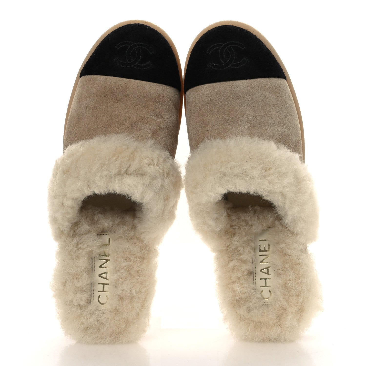 SUEDE SHEARLING CC CAP TOE MULES BEIGE BLACK