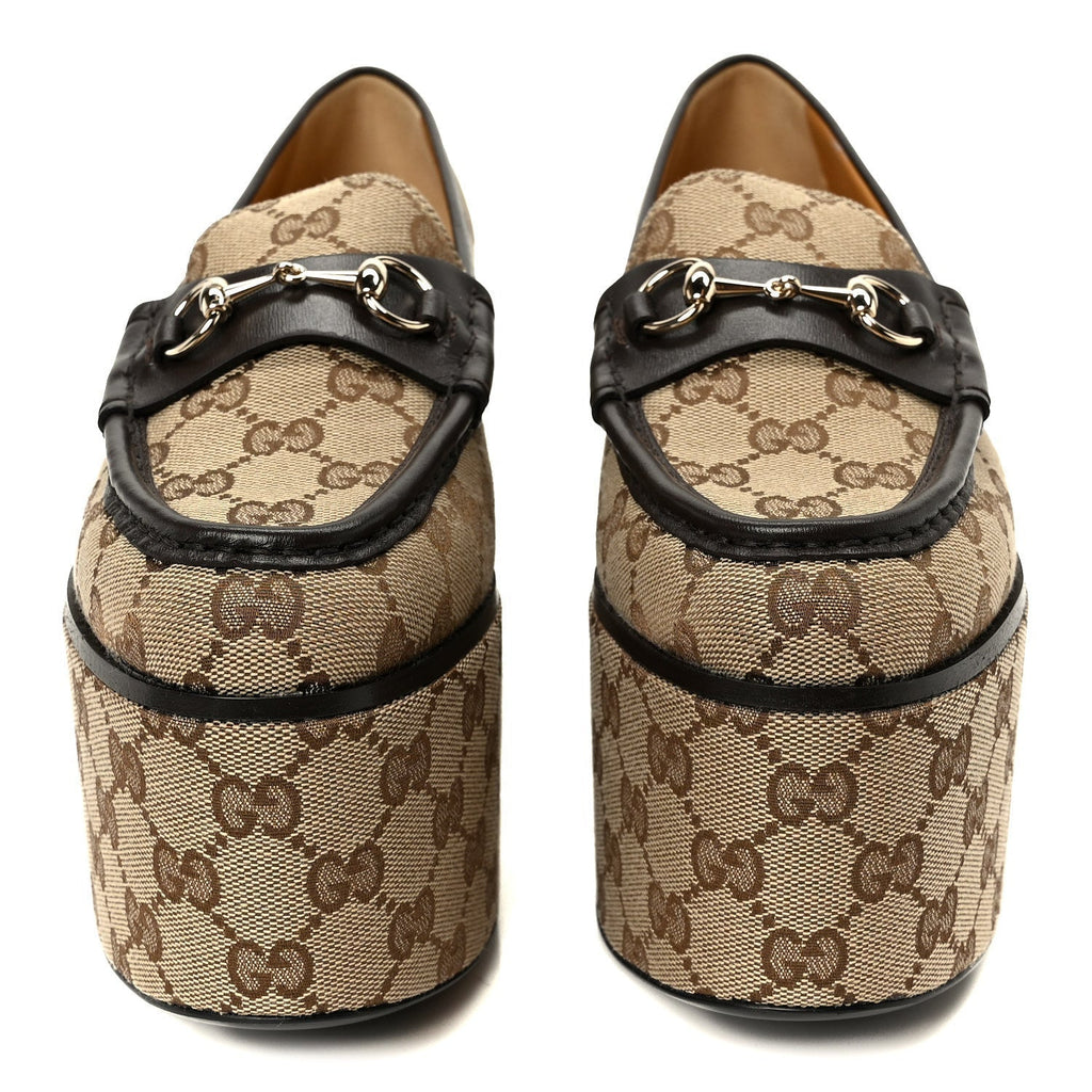 CANVAS GG MONOGRAM HORSEBIT CALFSKIN WOMENS HORSEBIT PLATFORM LOAFERS BEIGE EBONY COCOA