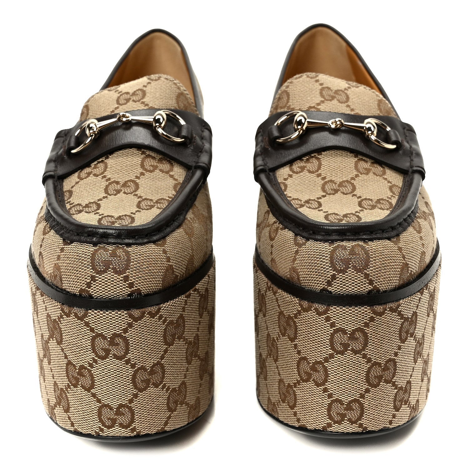 CANVAS GG MONOGRAM HORSEBIT CALFSKIN WOMENS HORSEBIT PLATFORM LOAFERS BEIGE EBONY COCOA