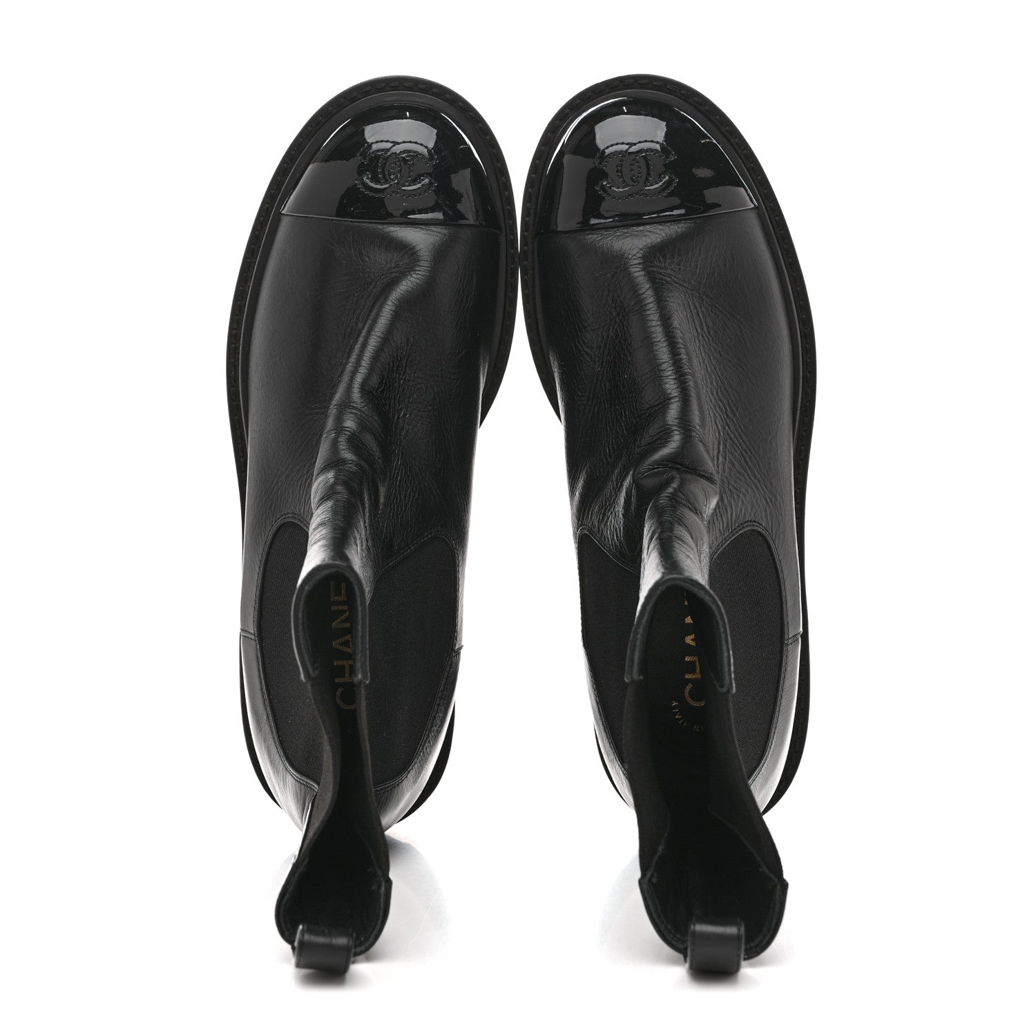 CRUMPLED CALFSKIN PATENT CAP TOE SHORT BOOTS BLACK