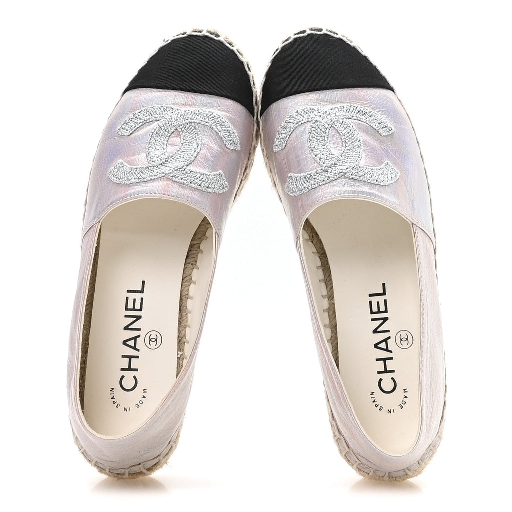 LAMINATED LAMBSKIN GROSGRAIN EMBROIDERED CC ESPADRILLES PINK SILVER BLACK