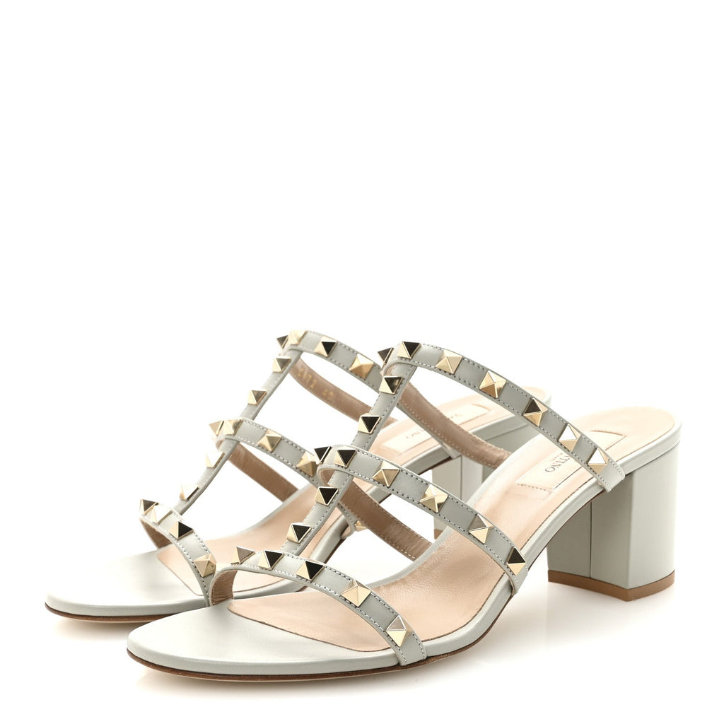 CALFSKIN ROCKSTUD 60MM CAGED SLIDE SANDALS OPAL GREY
