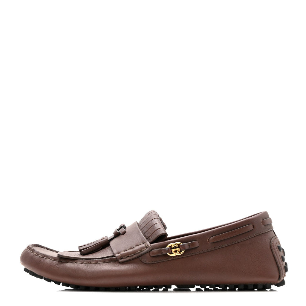CALFSKIN FRINGE INTERLOCKING G MENS DRIVER LOAFERS BROWN