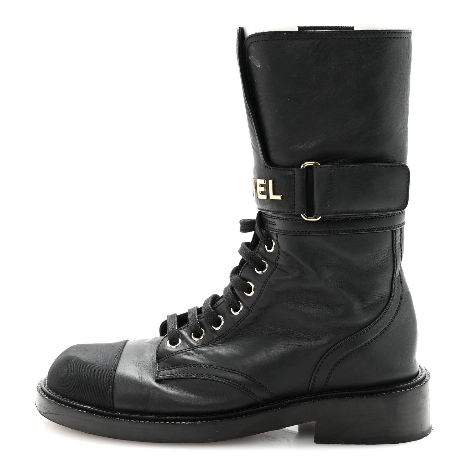 SHINY CALFSKIN LACE UP COMBAT BOOTS BLACK