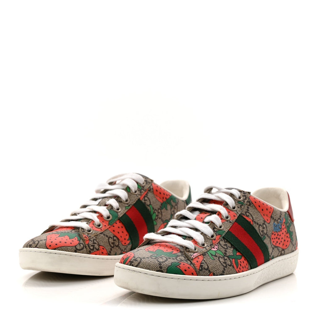 GG SUPREME MONOGRAM STRAWBERRY WEB WOMENS ACE SNEAKERS BEIGE MULTICOLOR RED GREEN