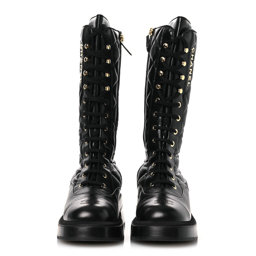 CALFSKIN QUILTED LOGO LACE UP TALL COMBAT BOOTS BLACK