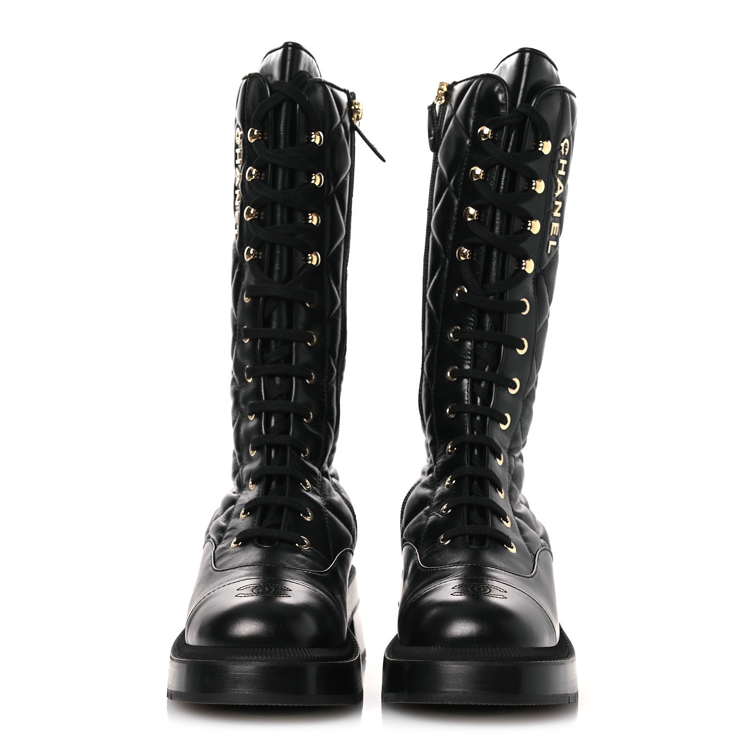 CALFSKIN QUILTED LOGO LACE UP TALL COMBAT BOOTS BLACK