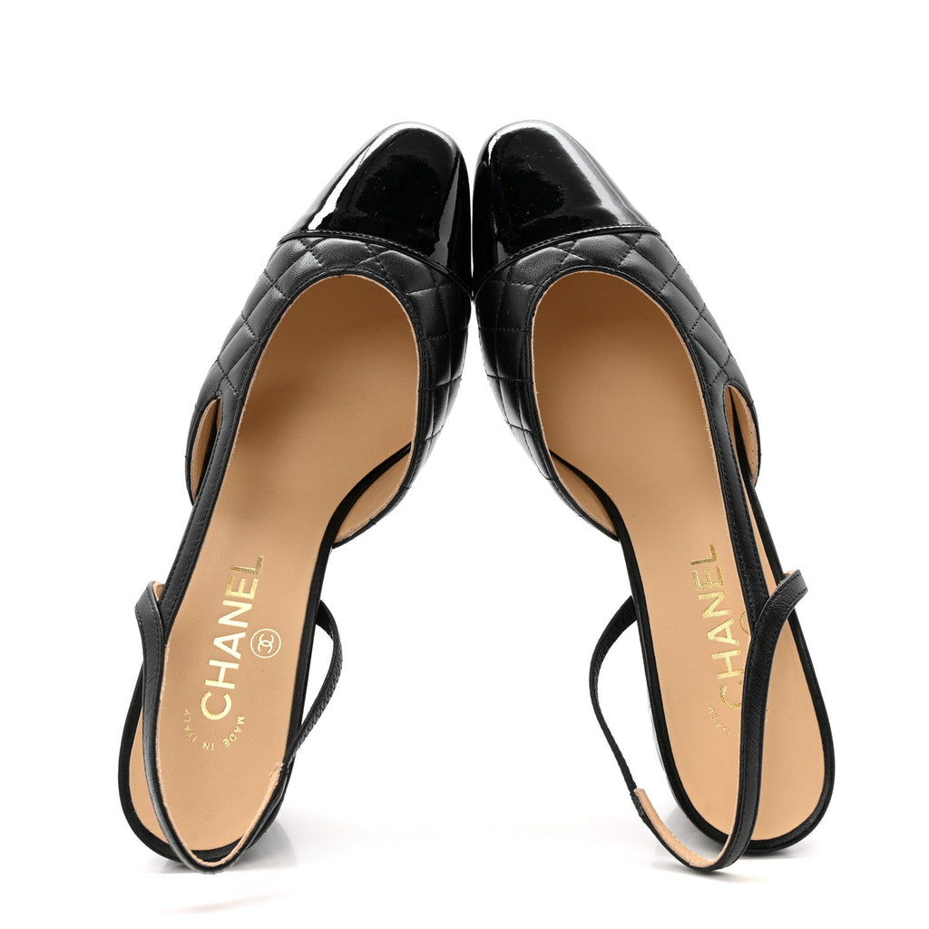 LAMBSKIN PATENT CALFSKIN QUILTED CAP TOE CC SLINGBACK PUMPS BLACK