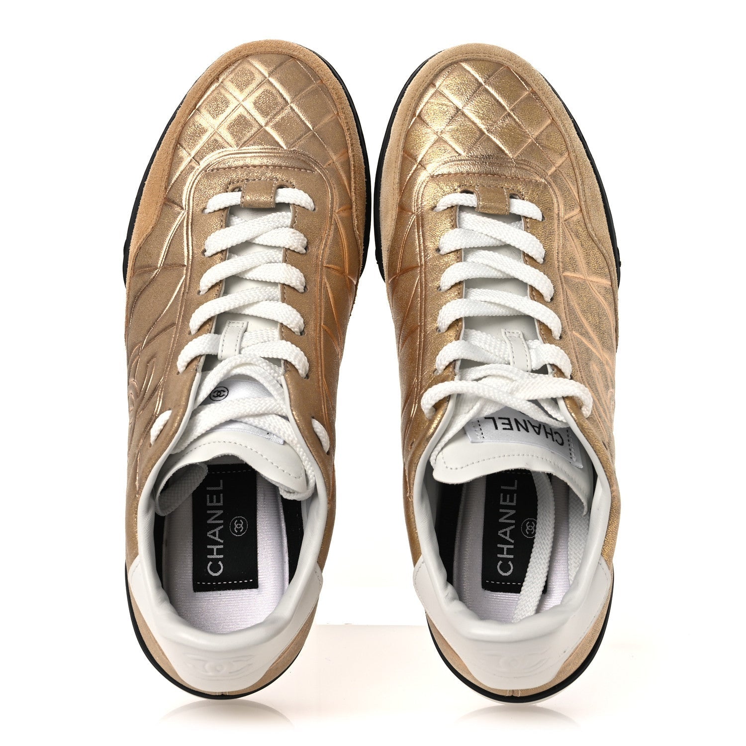 LAMINATED CALFSKIN SUEDE QUILTED WOMENS CC SNEAKERS GOLD