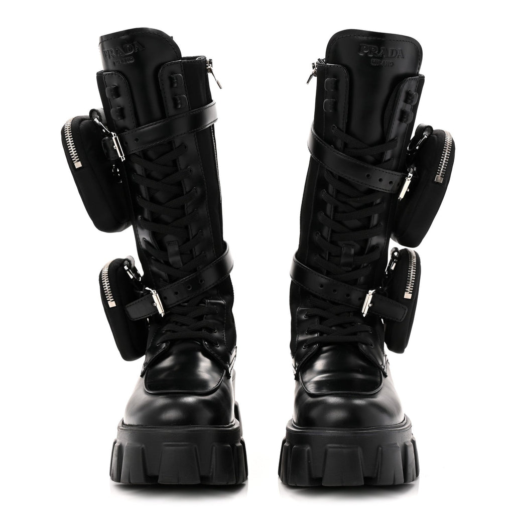 SPAZZOLATO ROIS RE-NYLON METAL TRIANGLE LOGO MONOLITH POUCH POCKET 55MM TALL COMBAT BOOTS BLACK