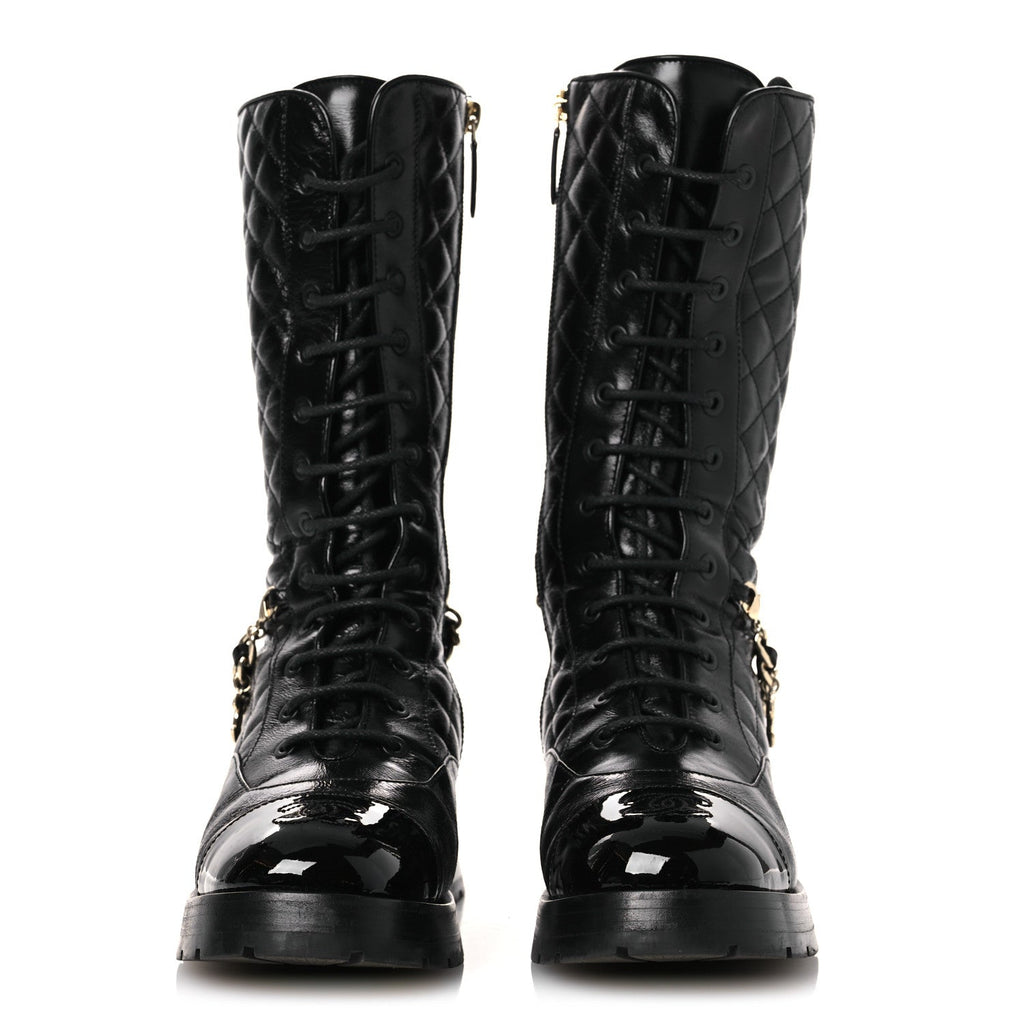 SHINY CALFSKIN PATENT QUILTED CHAIN LACE UP COMBAT LONG BOOTS BLACK