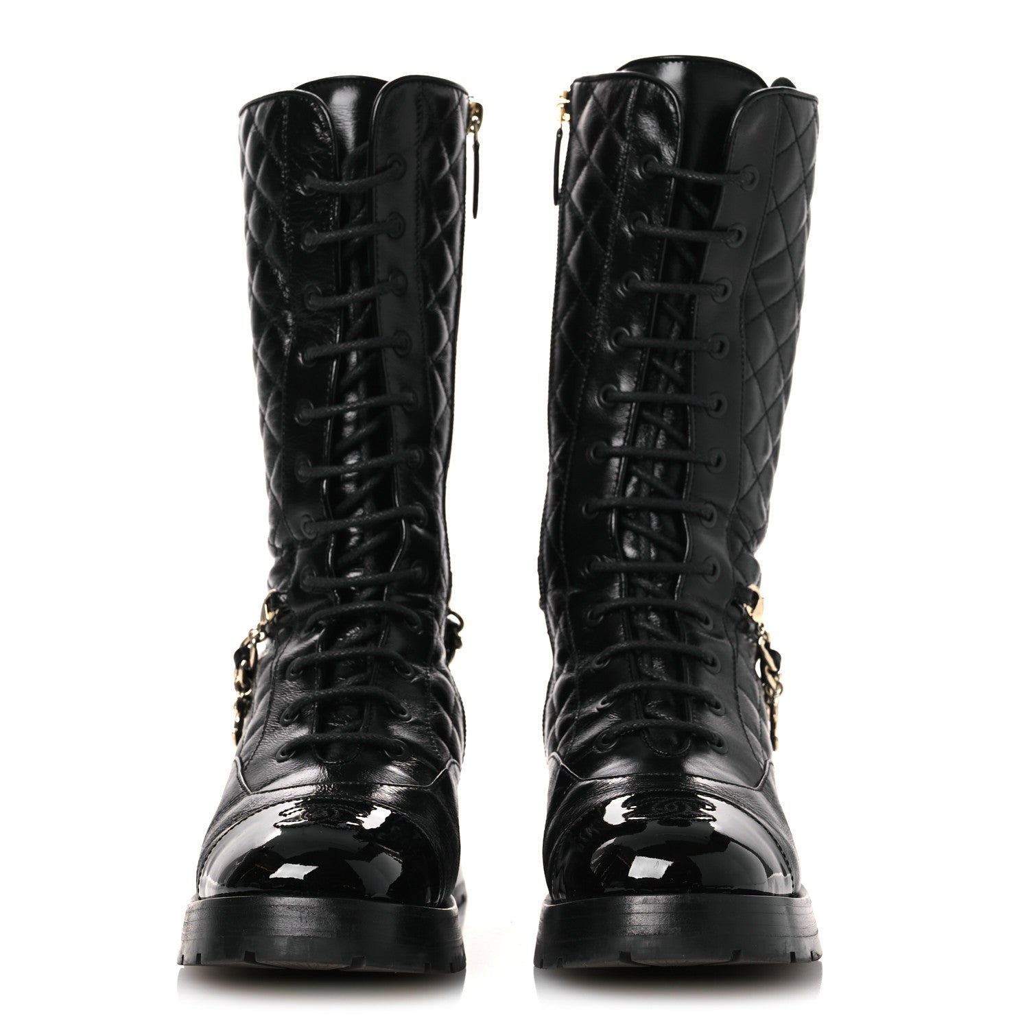 SHINY CALFSKIN PATENT QUILTED CHAIN LACE UP COMBAT LONG BOOTS BLACK