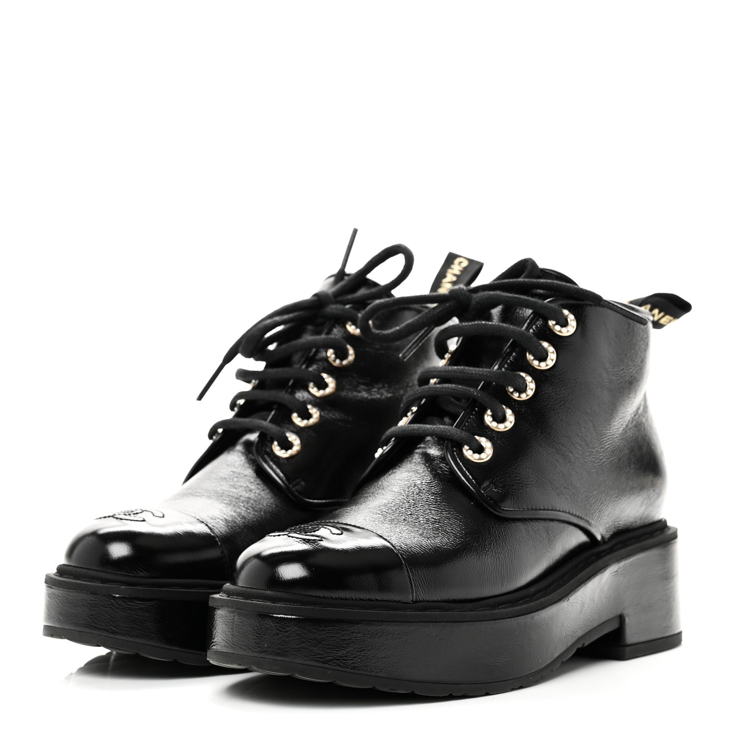 SHINY CALFSKIN PEARL LACE UP COMBAT SHORT BOOTS BLACK