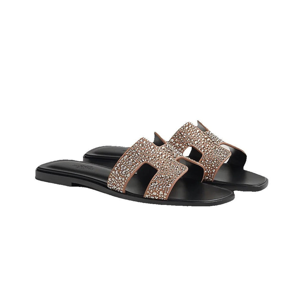 Hermès Hermes Calfskin Canvas Oran Sandal Noisette Beige Dore - Black with Crystals