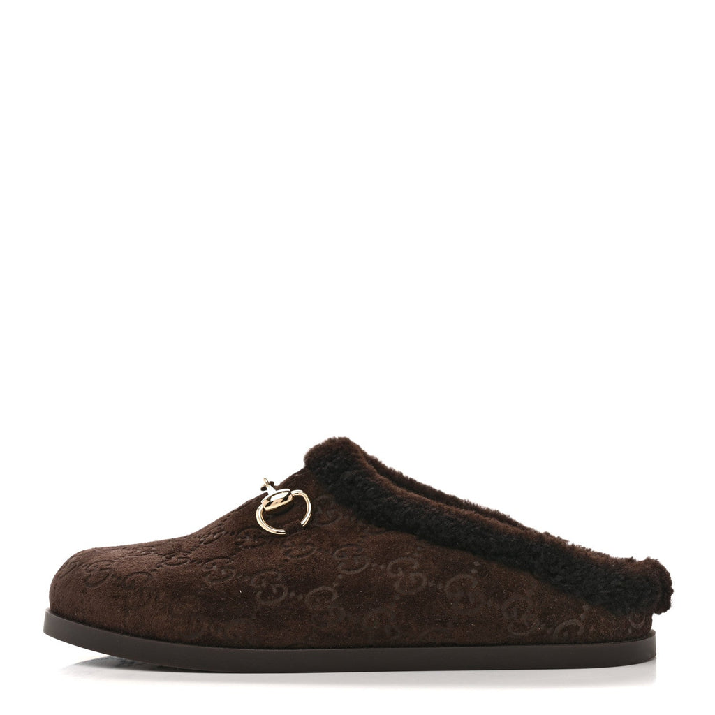 SUEDE GG DEBOSSED SHEARLING WOMENS HORSEBIT MULES DARK BROWN