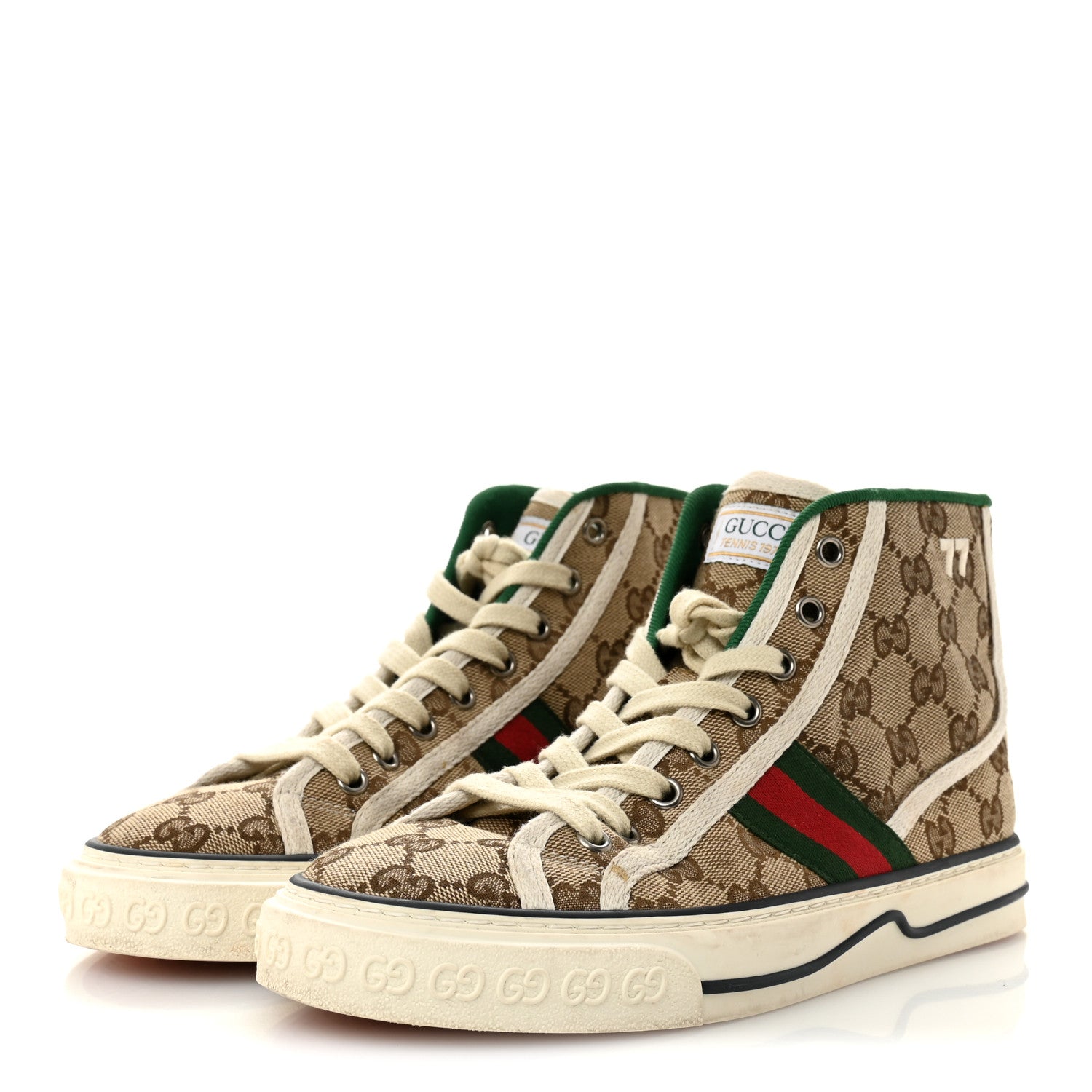 GG MONOGRAM WEB WOMENS 1977 TENNIS HIGH TOP SNEAKERS BEIGE EBONY MYSTIC WHITE