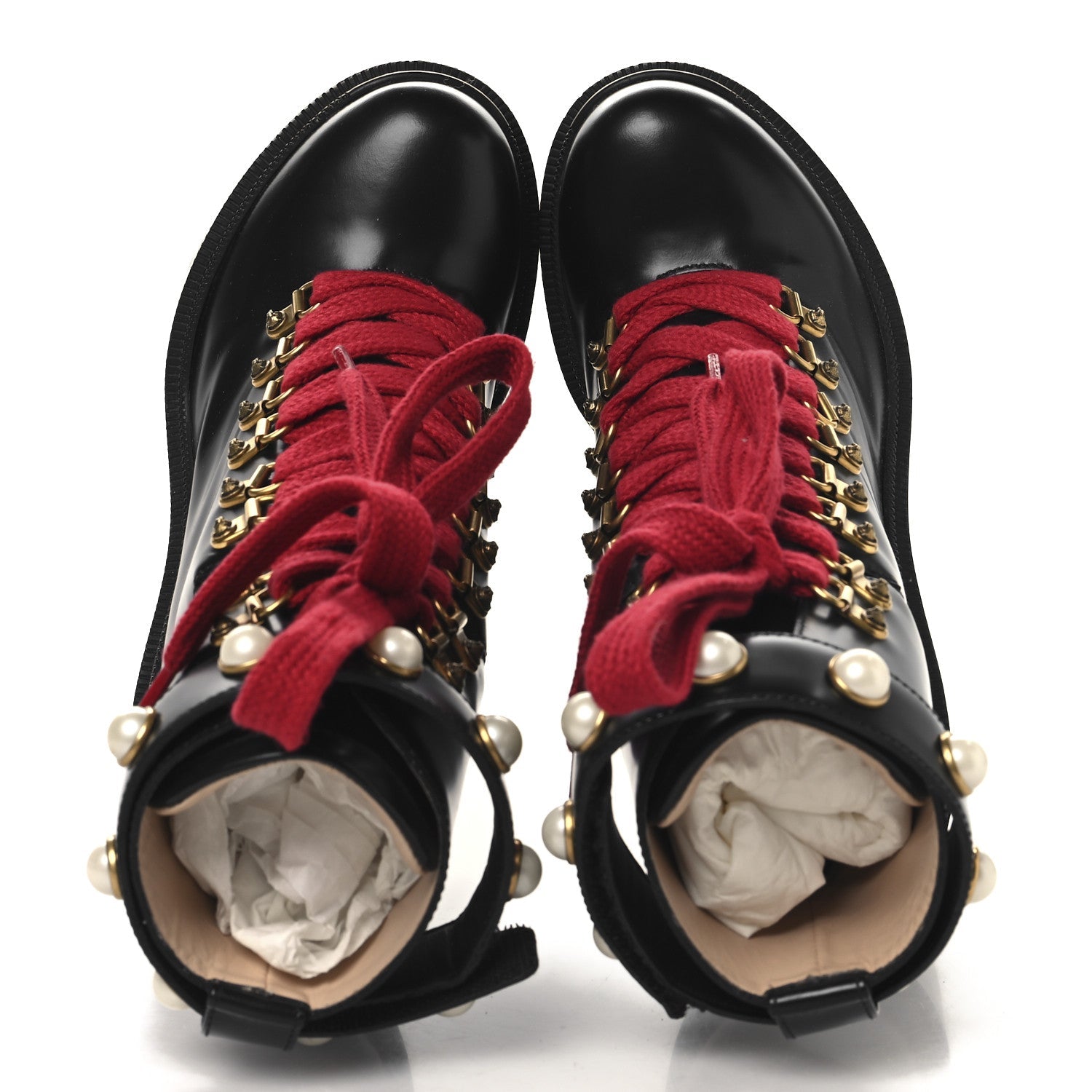 MAGNUM CALFSKIN PEARL LACE UP COMBAT ANKLE BOOTS BLACK