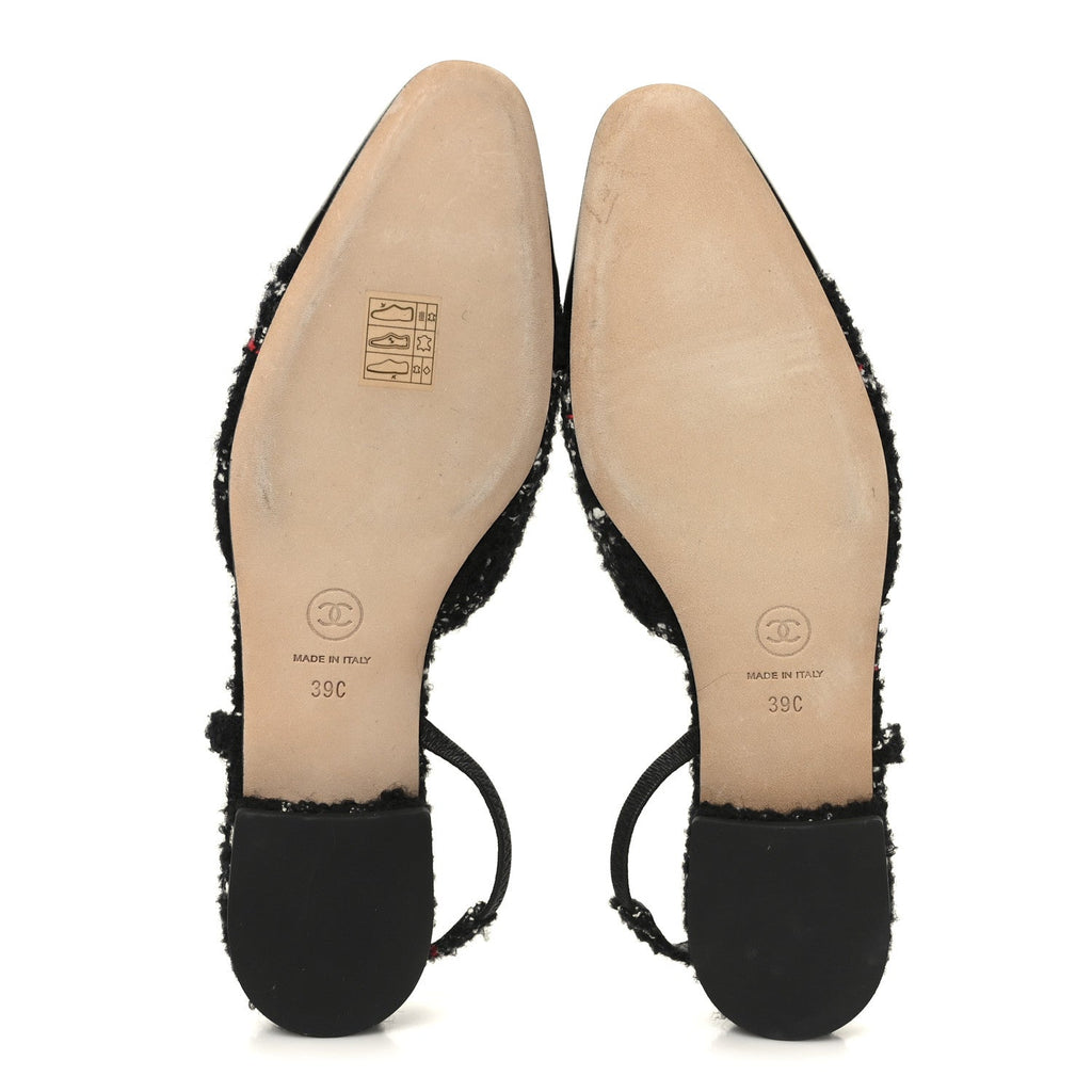 TWEED LAMBSKIN CAP TOE CC SLINGBACK FLATS BLACK WHITE MULTICOLOR