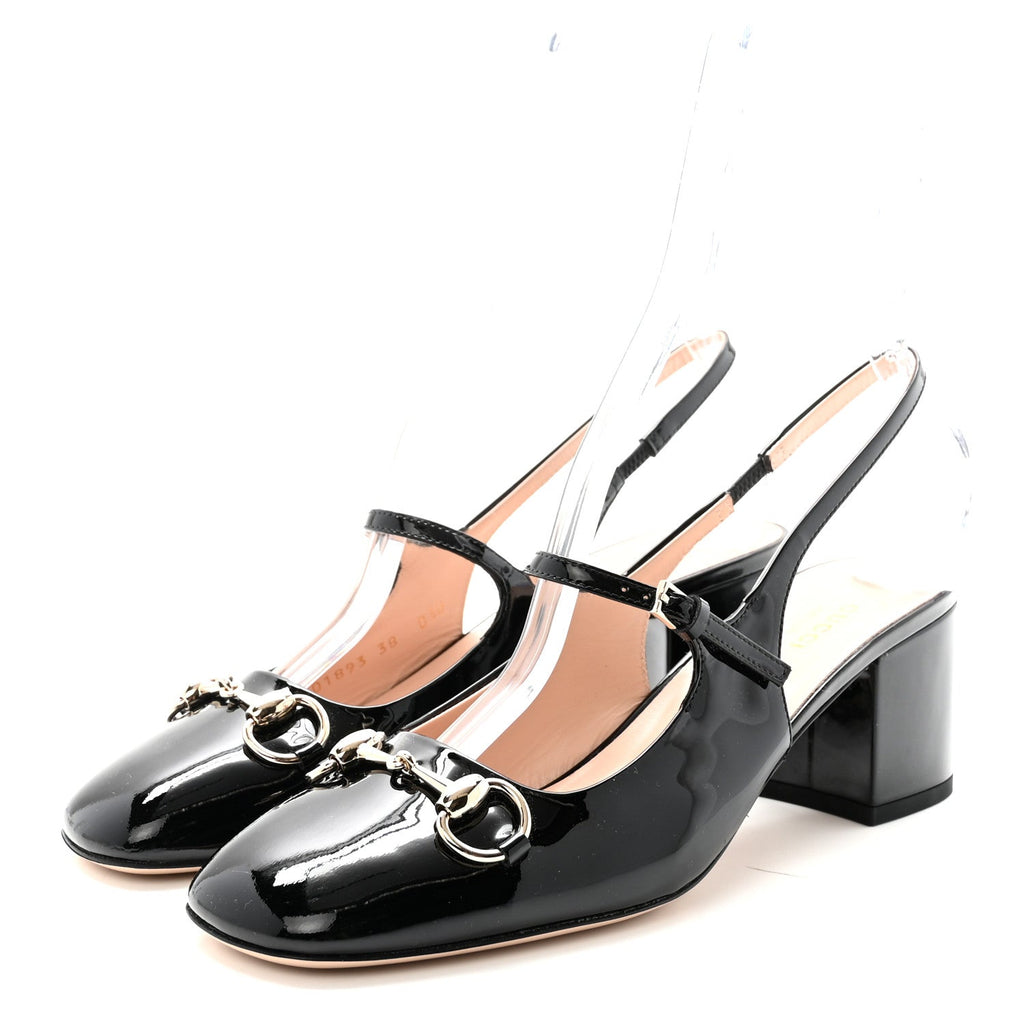 PATENT WOMENS HORSEBIT SLINGBACK PUMPS BLACK