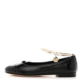 SHINY LAMBSKIN PEARL CAP TOE ANKLE CHAIN BALLERINA FLATS BLACK