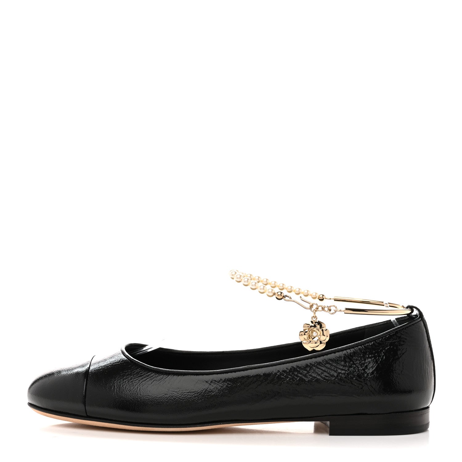 SHINY LAMBSKIN PEARL CAP TOE ANKLE CHAIN BALLERINA FLATS BLACK