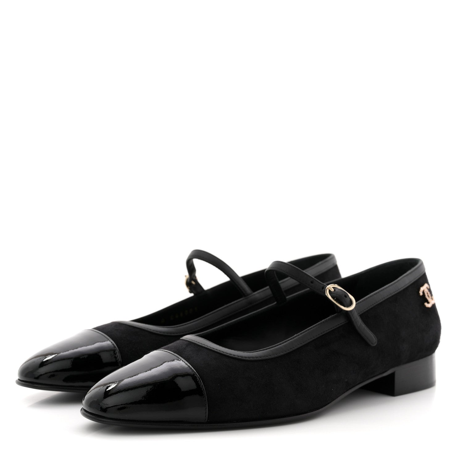 SUEDE KIDSKIN LAMBSKIN PATENT CALFSKIN CRYSTAL CC CAP TOE FLATS BLACK