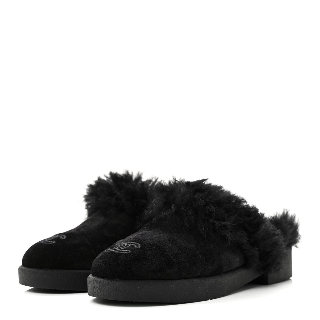 SUEDE SHEARLING CC CAP TOE MULES BLACK