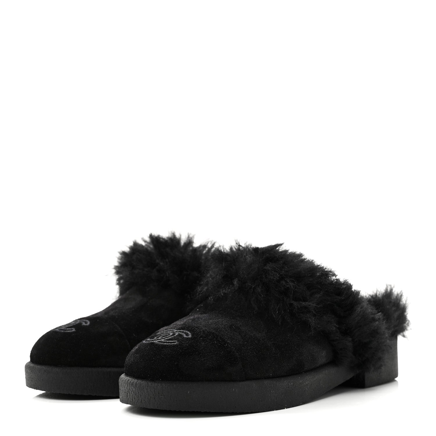 SUEDE SHEARLING CC CAP TOE MULES BLACK