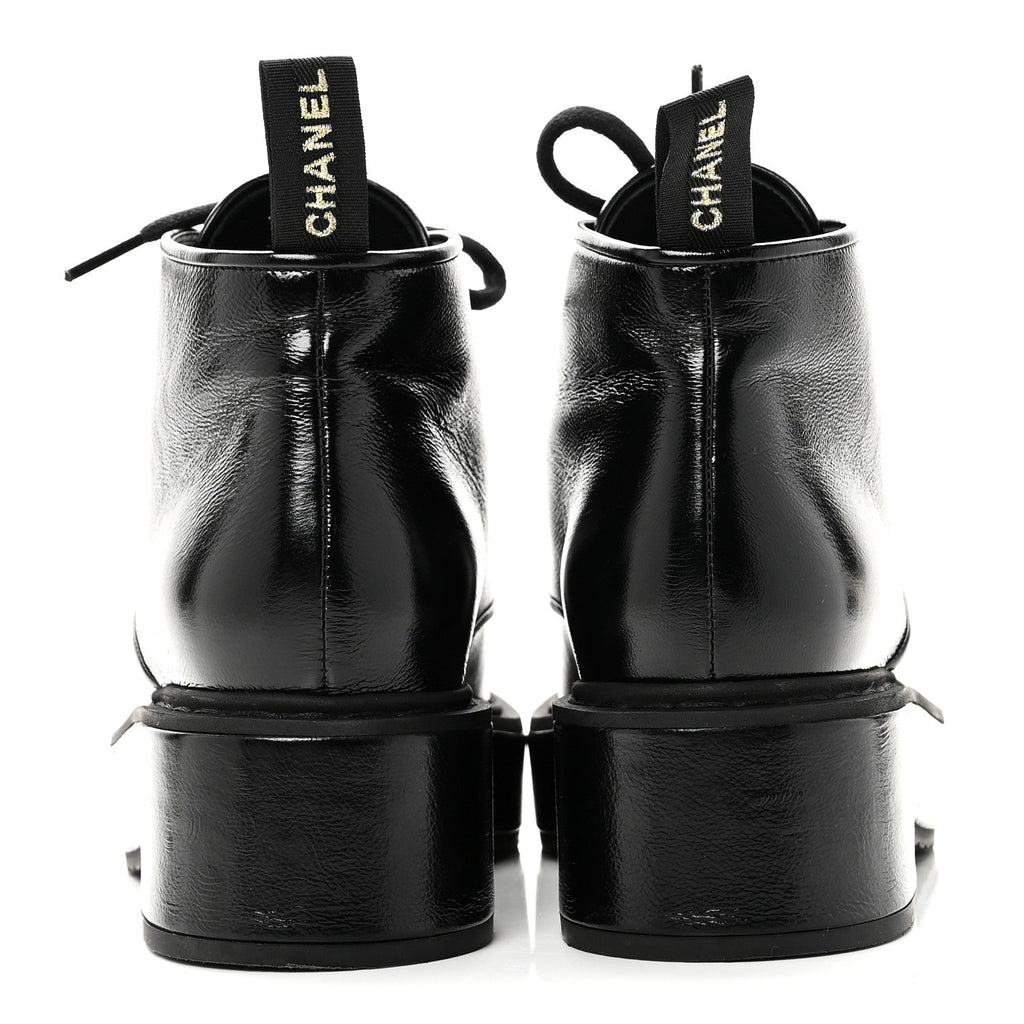 SHINY CALFSKIN PEARL LACE UP COMBAT SHORT BOOTS BLACK