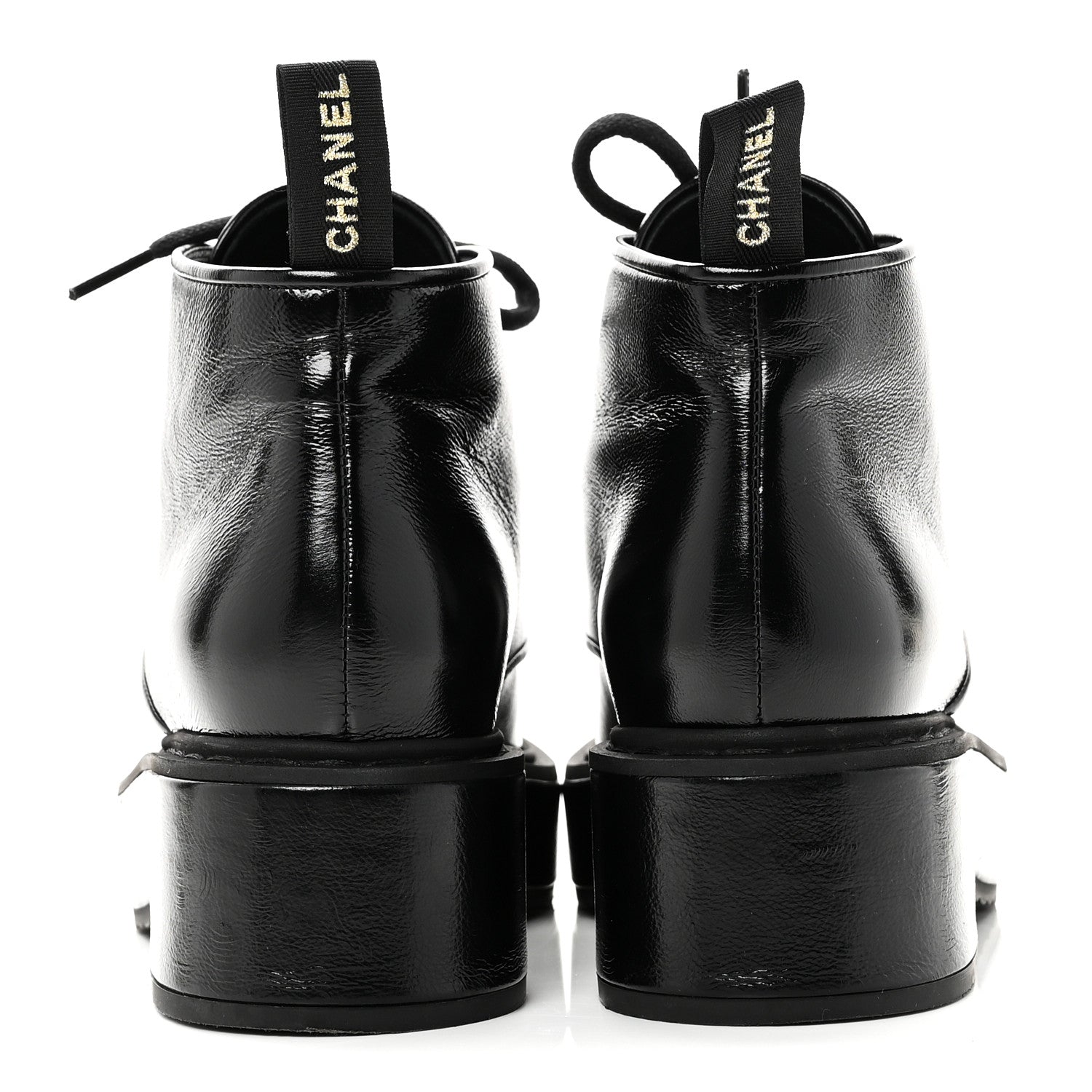 SHINY CALFSKIN PEARL LACE UP COMBAT SHORT BOOTS BLACK