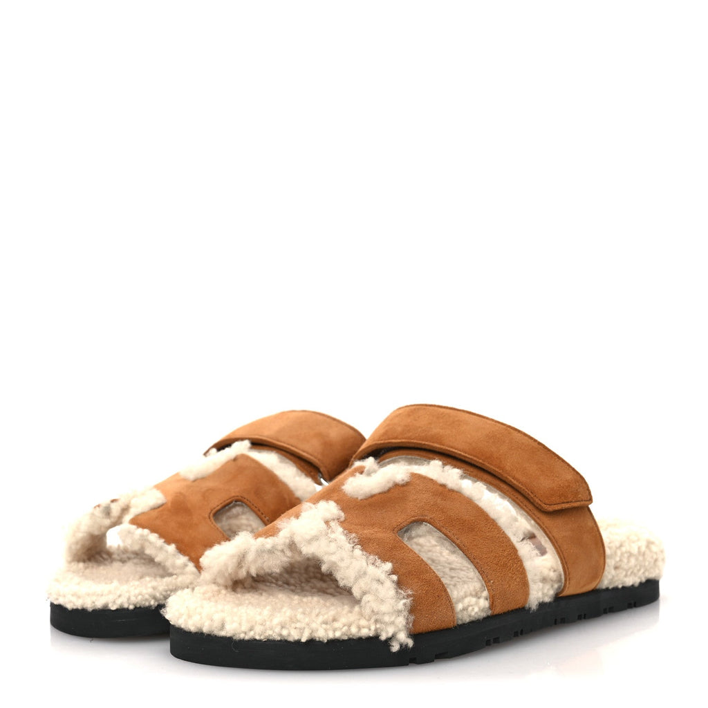 SUEDE GOATSKIN WOOLSKIN WOMENS CHYPRE SANDALS BRUN FUME ECRU