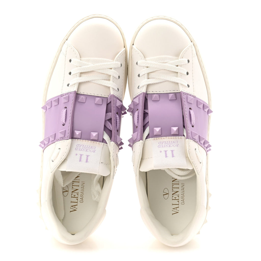 CALFSKIN WOMENS ROCKSTUD OPEN SNEAKERS WHITE PURPLE