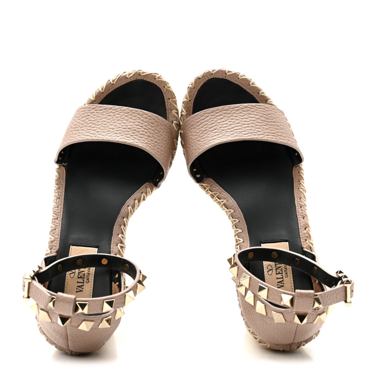 GRAINED CALFSKIN ROCKSTUD ANKLE STRAP ESPADRILLE /105MM WEDGE SANDALS ROSE QUARTZ NATURAL