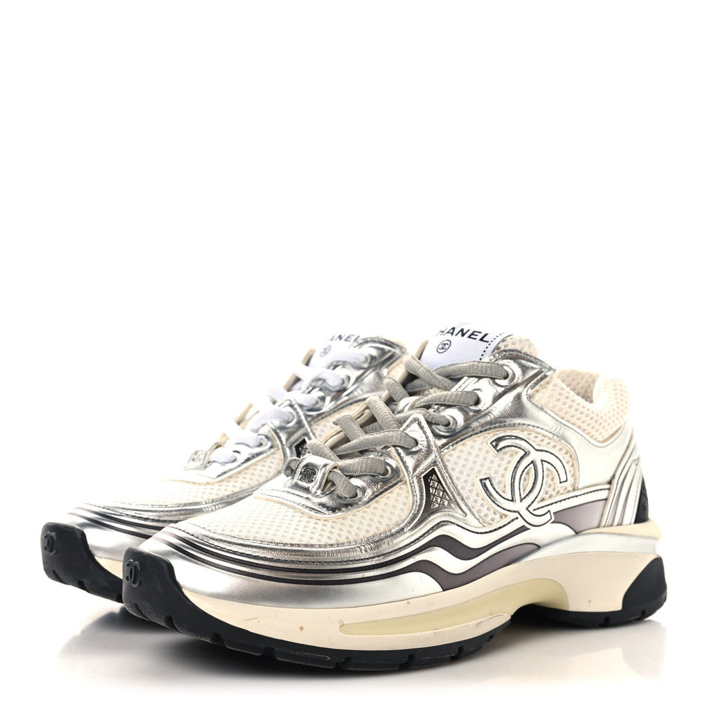 FABRIC LAMINATED CALFSKIN STRETCH CC WOMENS SNEAKERS WHITE SILVER