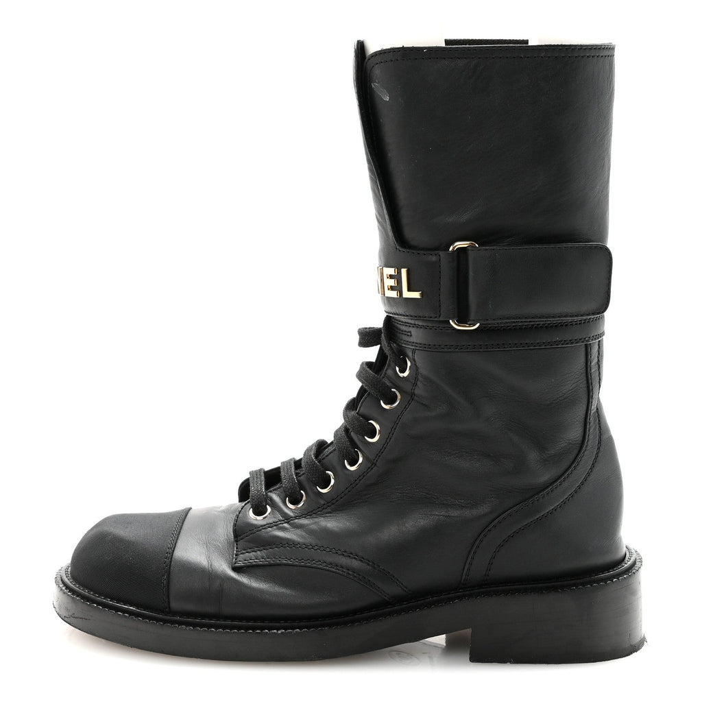SHINY CALFSKIN LACE UP COMBAT BOOTS BLACK