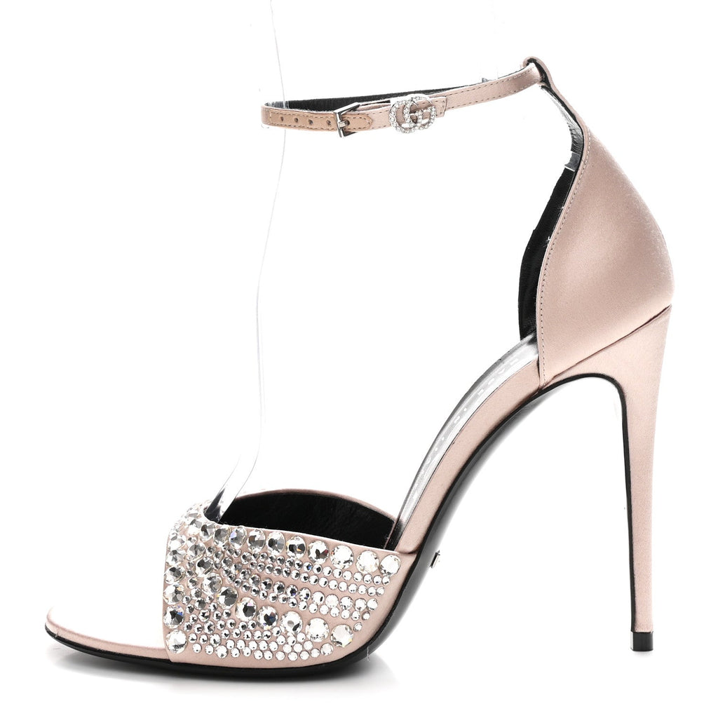 SATIN CRYSTAL ANKLE STRAP SANDAL PUMPS SKIN ROSE