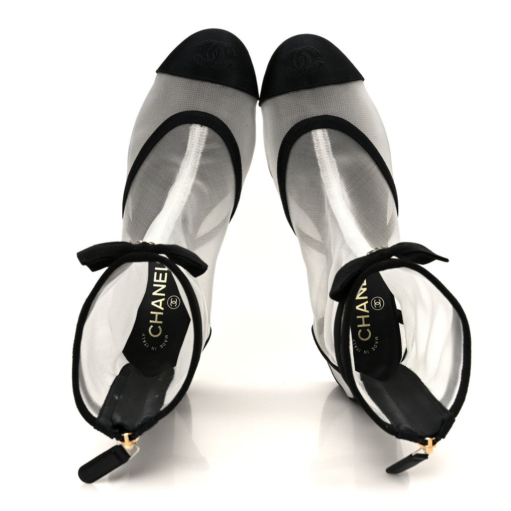 MESH GROSGRAIN CC CAP TOE ANKLE BOOTS WHITE BLACK