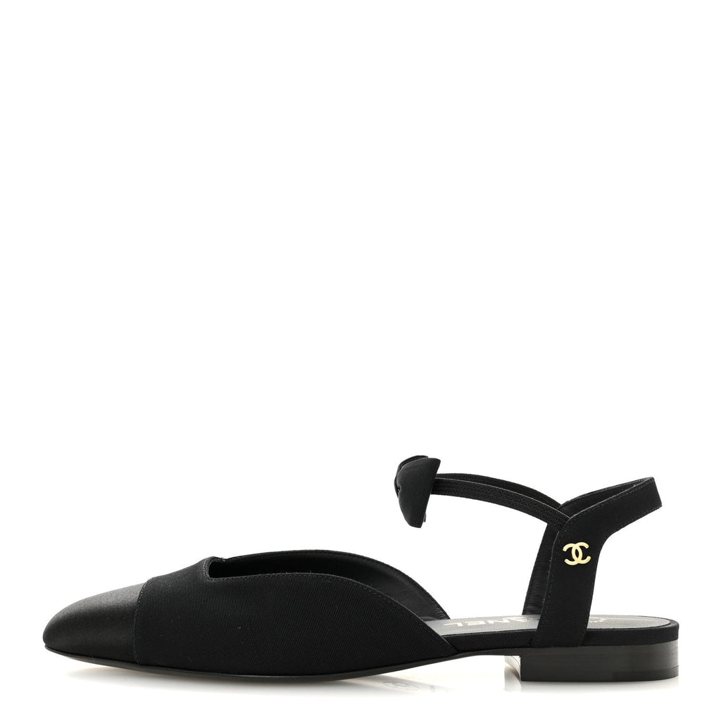 SATIN SLINGBACK CAP TOE BOW FLATS BLACK