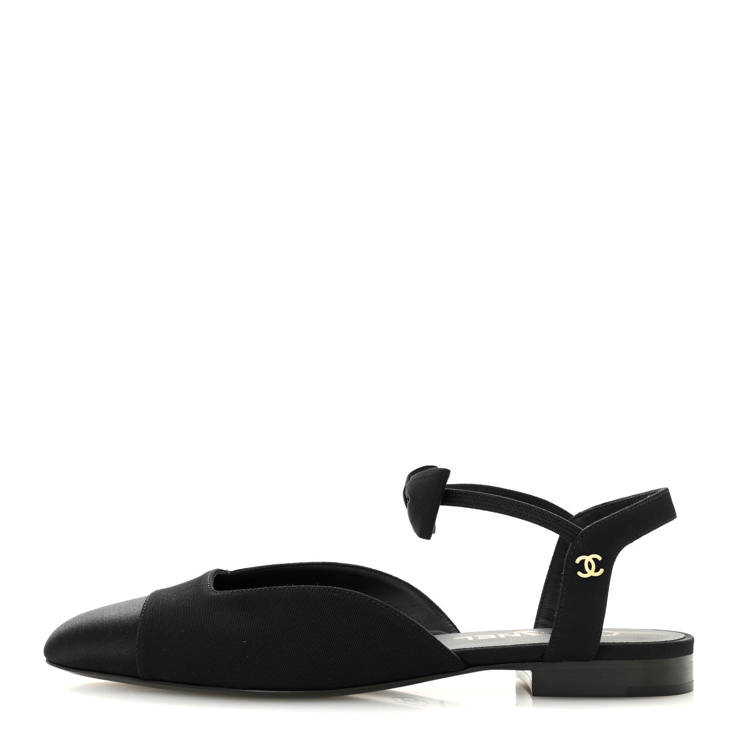 SATIN SLINGBACK CAP TOE BOW FLATS BLACK