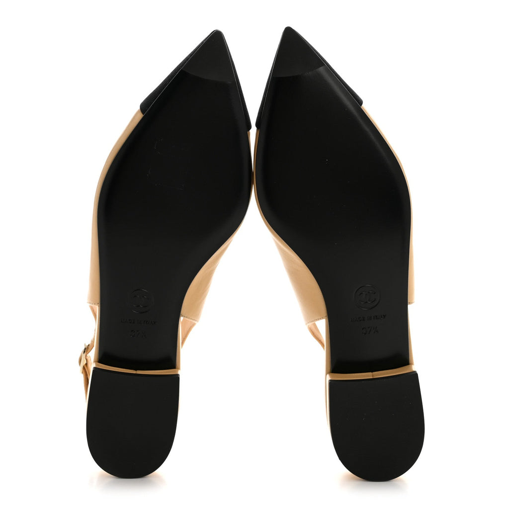 GOATSKIN GROSGRAIN POINTED TOE CC SLINGBACK FLATS BEIGE BLACK