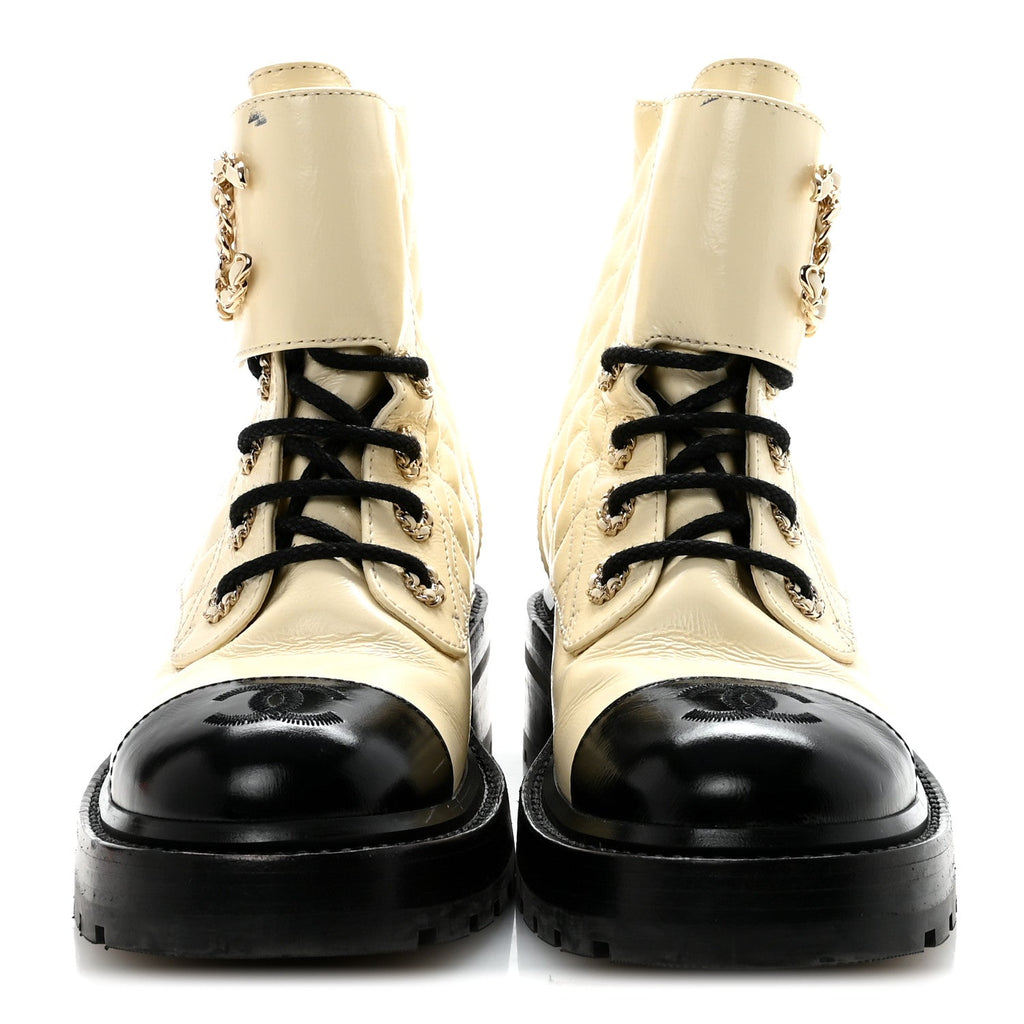 SHINY GOATSKIN CALFSKIN QUILTED LACE UP COMBAT BOOTS IVORY BLACK