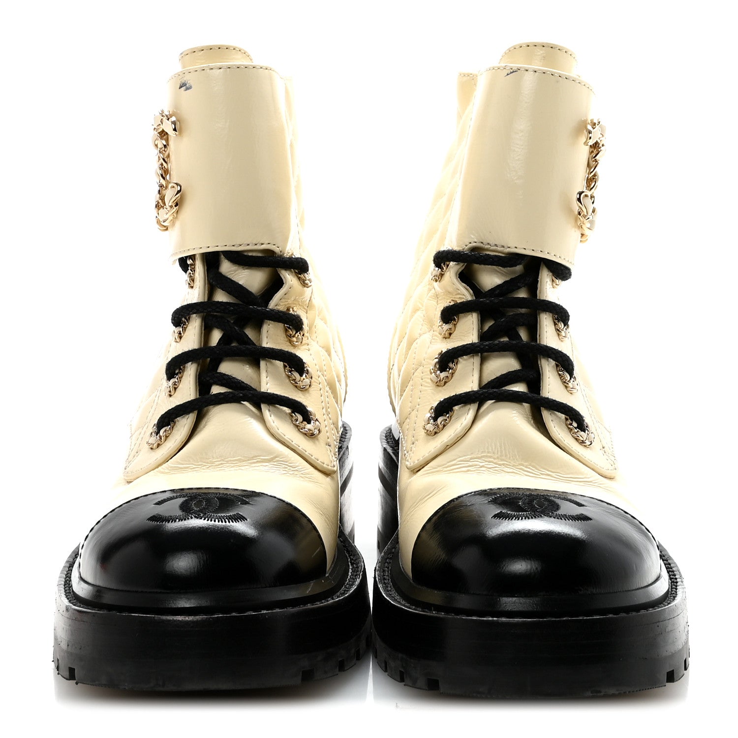SHINY GOATSKIN CALFSKIN QUILTED LACE UP COMBAT BOOTS IVORY BLACK