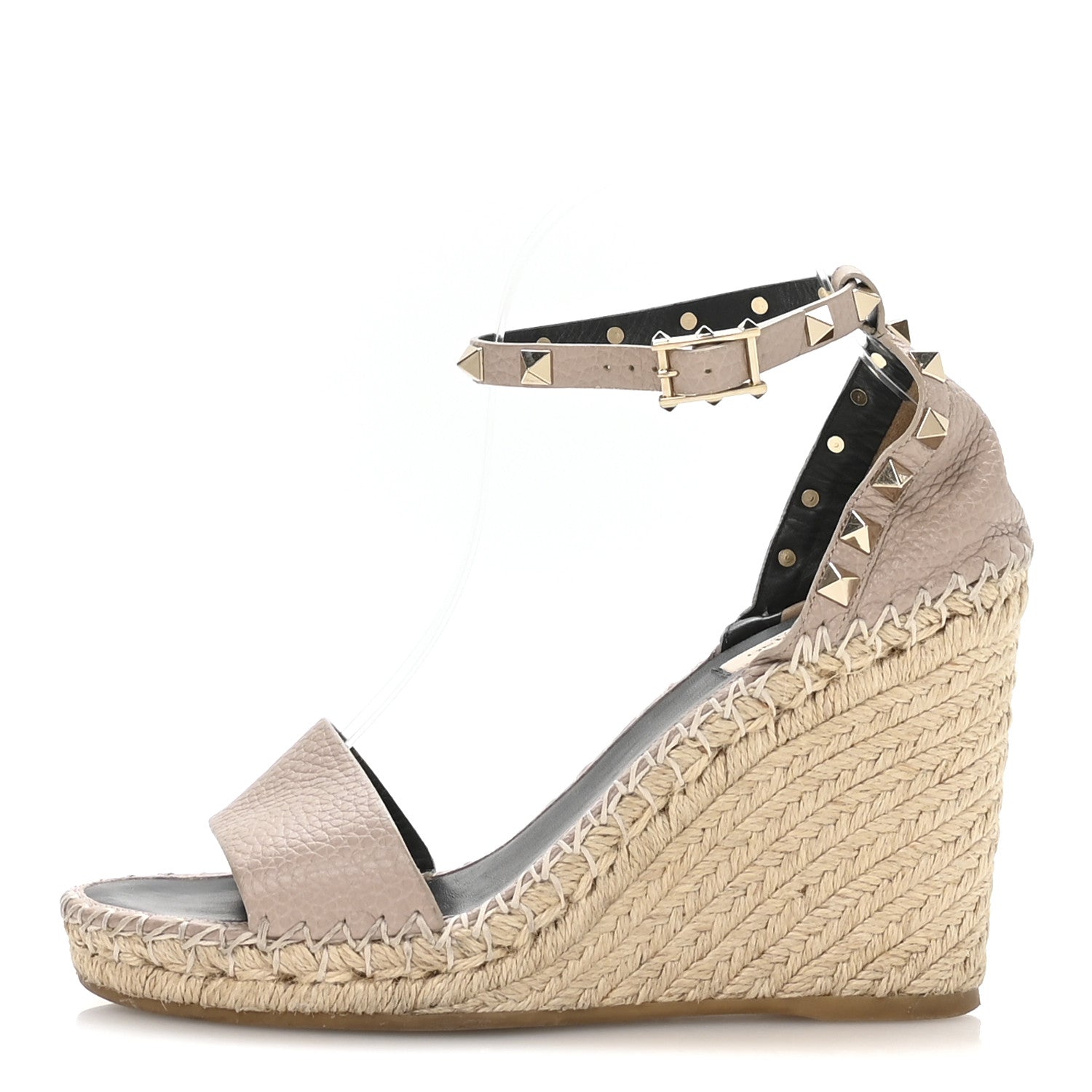 GRAINED CALFSKIN ROCKSTUD ANKLE STRAP ESPADRILLE /105MM WEDGE SANDALS ROSE QUARTZ NATURAL