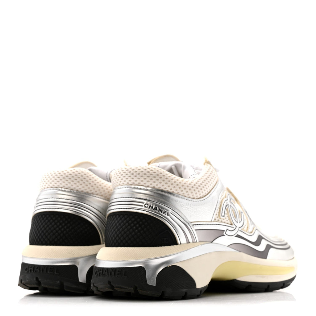 FABRIC LAMINATED CALFSKIN STRETCH CC WOMENS SNEAKERS WHITE SILVER